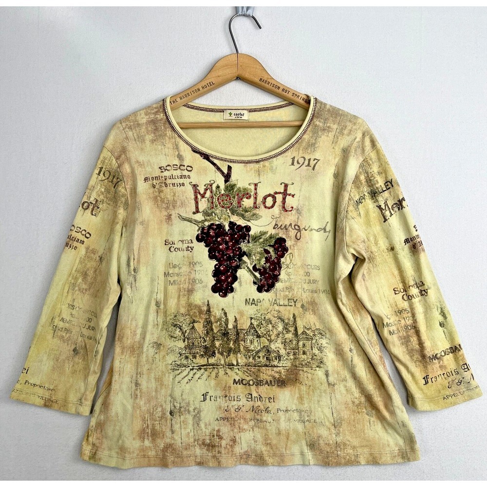 Vintage Cactus Bay Tattoo Print Womens Size XL 3/4 Sleeve Top Merlot Wine Grapes